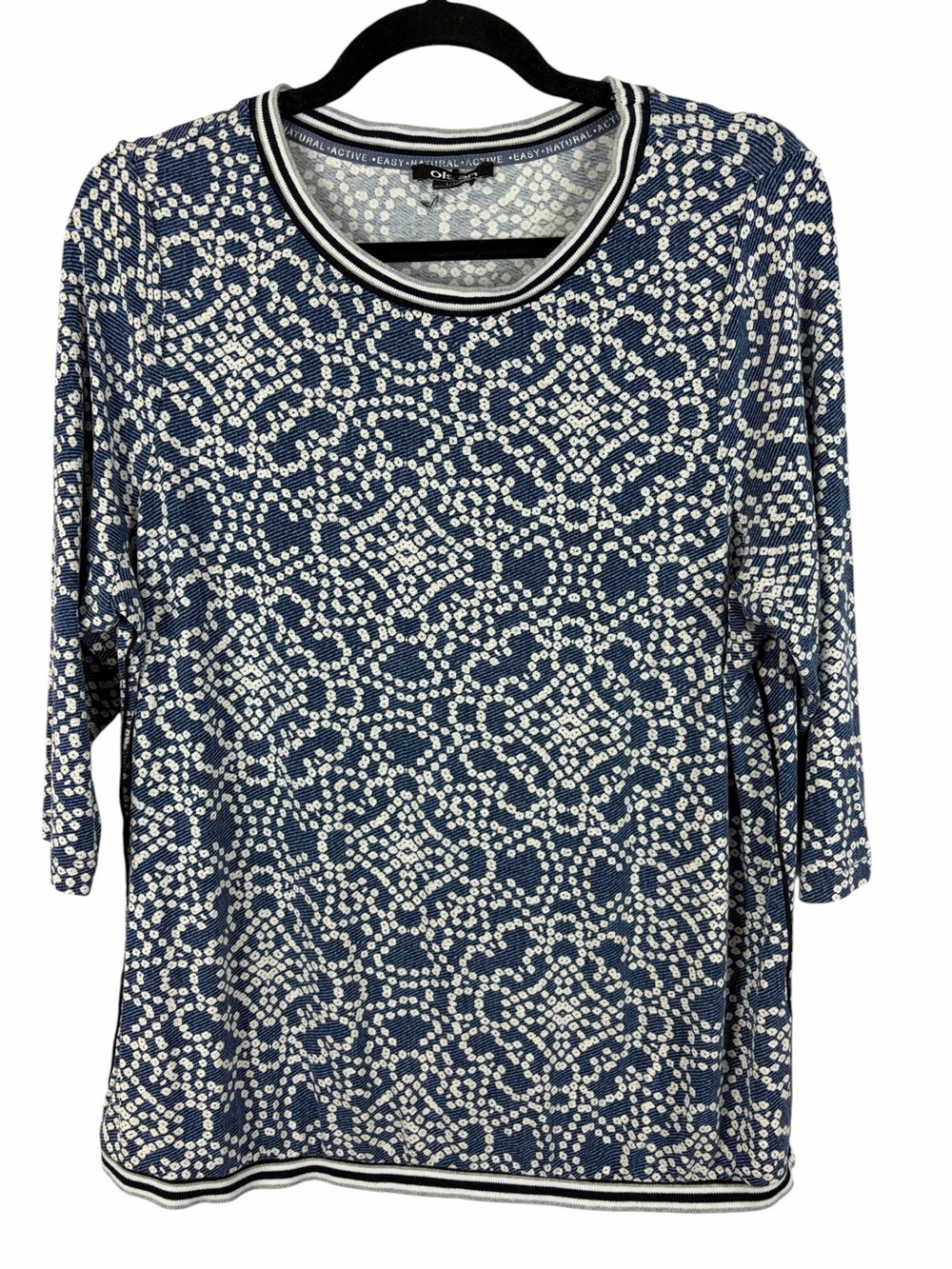 Olsen Blue & White Printed Knit Top 3/4 Sleeve Striped Trim Large (14)